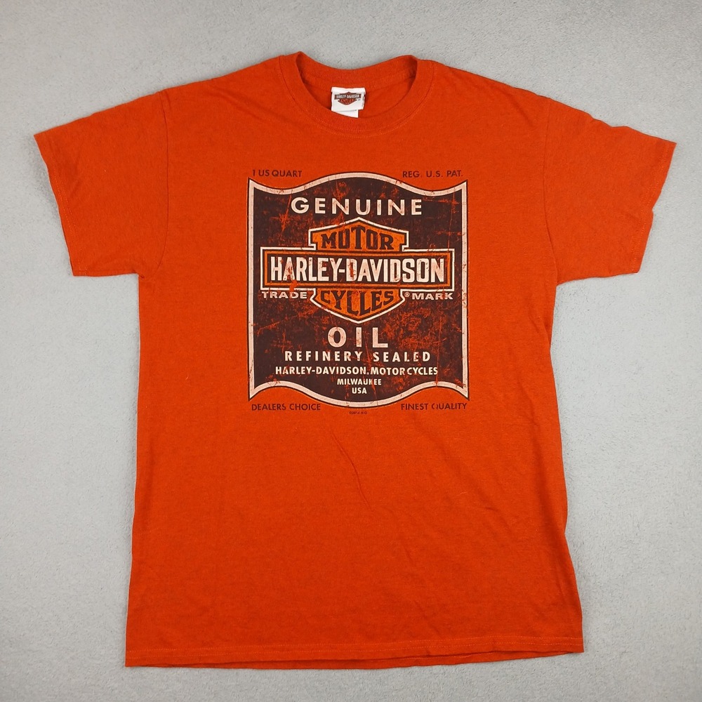 Harley Davidson Shirt Mens Medium Orange Graphic Central Maine Bangor Oil Tee